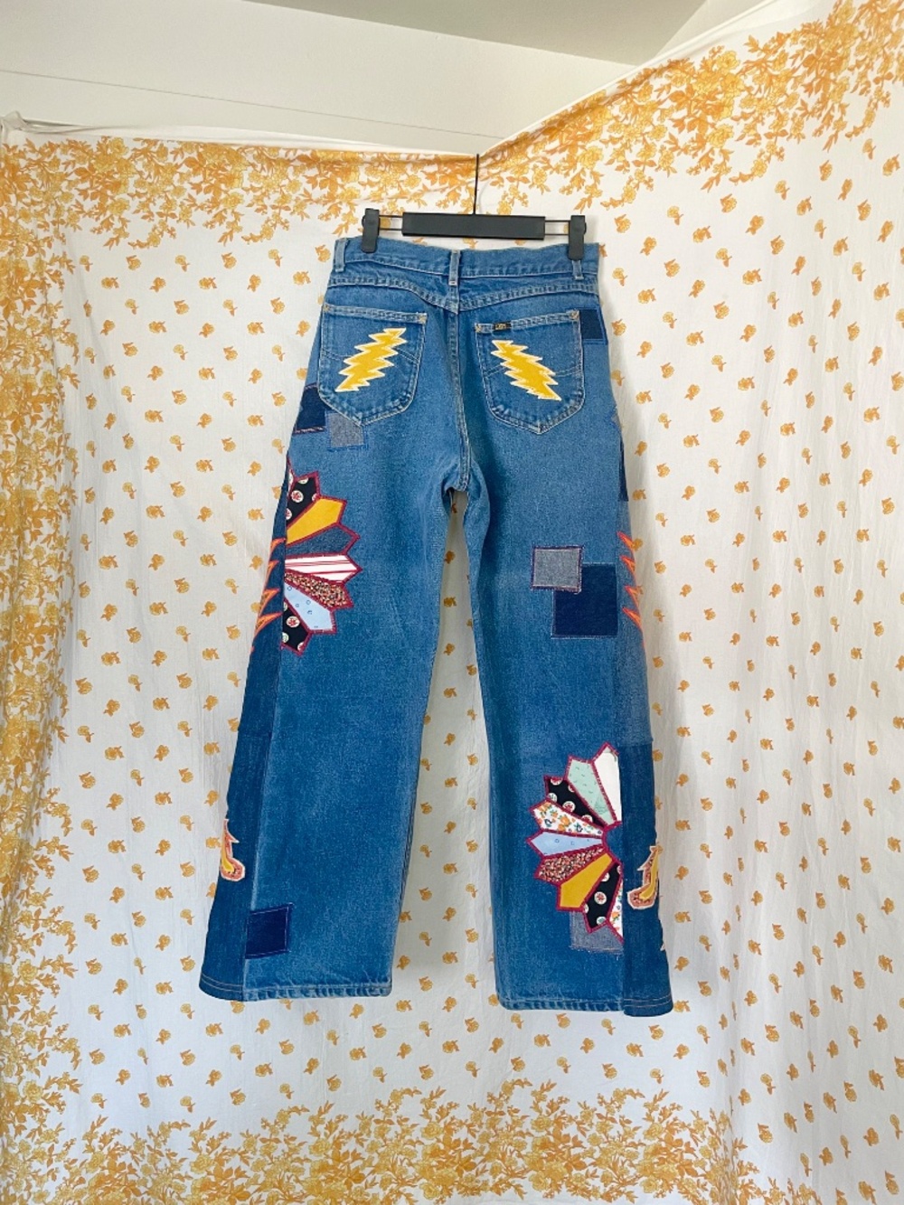 Vintage Lee Upcycled Patchwork Jeans 12P OOAK 70s Hippie Wide Leg - Picture 4 of 12